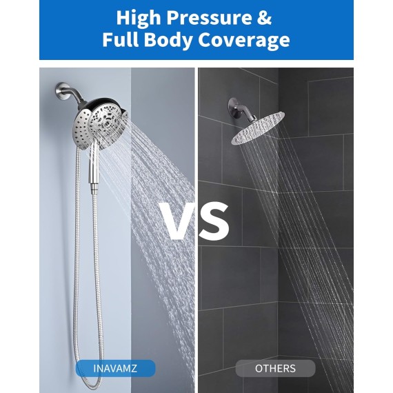 2.5GPM Shower Heads with Handheld Spray Combo: 7.2" Rainfall Shower Head & Hand Held Shower Head 2-IN-1 Shower Head with 60" Rotatable Stainless Steel Hose Nickel, Shower Trim Systems