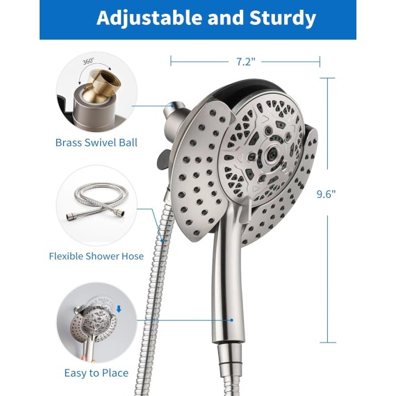 2.5GPM Shower Heads with Handheld Spray Combo: 7.2" Rainfall Shower Head & Hand Held Shower Head 2-IN-1 Shower Head with 60" Rotatable Stainless Steel Hose Nickel, Shower Trim Systems