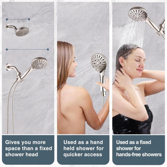 High Pressure Shower Head with Handheld, 9 Spray Settings Showerhead Built in Power Wash to Clean Tub and Pets, Extra Long 69" Hose, Adjustable Bracket, Brushed Nickel