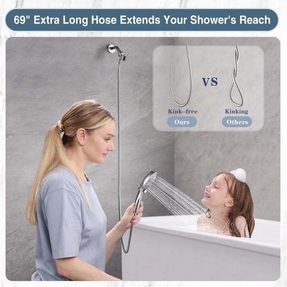 High Pressure Shower Head with Handheld, 9 Spray Settings Showerhead Built in Power Wash to Clean Tub and Pets, Extra Long 69" Hose, Adjustable Bracket, Brushed Nickel
