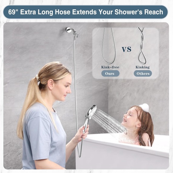 High Pressure Shower Head with Handheld, 9 Spray Settings Showerhead Built in Power Wash to Clean Tub and Pets, Extra Long 69" Hose, Adjustable Bracket, Chrome