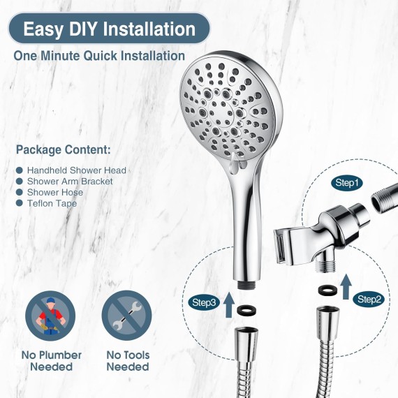 High Pressure Shower Head with Handheld, 9 Spray Settings Showerhead Built in Power Wash to Clean Tub and Pets, Extra Long 69" Hose, Adjustable Bracket, Chrome