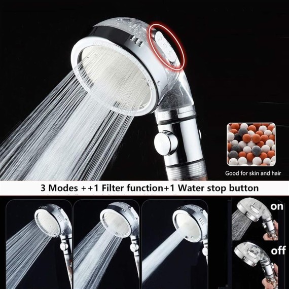 Bathroom 3 Modes High Pressure Shower Head with On/Off Switch Stop Button Water Saving Ionic Mineral Anion Handheld Showerheads