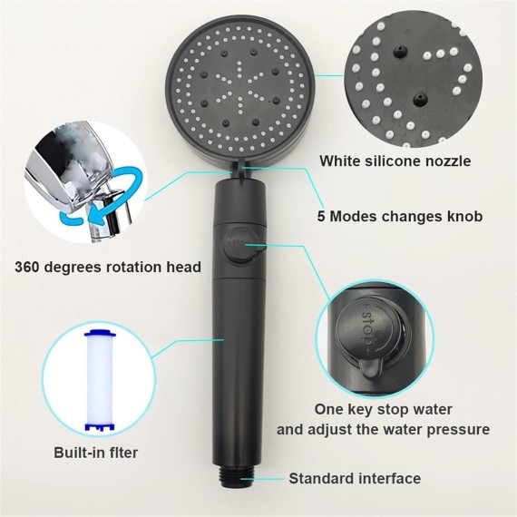 Black Shower Head 5 Modes Adjustable 360 Degrees Rotating with Stop Button Bathroom Showerhead High Pressure Filter Showers (Color : Silver)