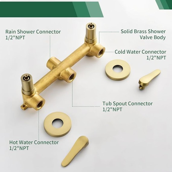 2 Handles Tub Shower Faucet Set Shower System with Tub Spout Bathtub Faucet Set Shower Tub Combo Set Complete Tub and Shower Trim Kit Brushed Gold