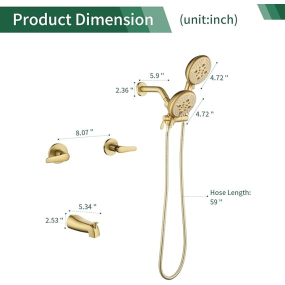 2 Handles Tub Shower Faucet Set Shower System with Tub Spout Bathtub Faucet Set Shower Tub Combo Set Complete Tub and Shower Trim Kit Brushed Gold