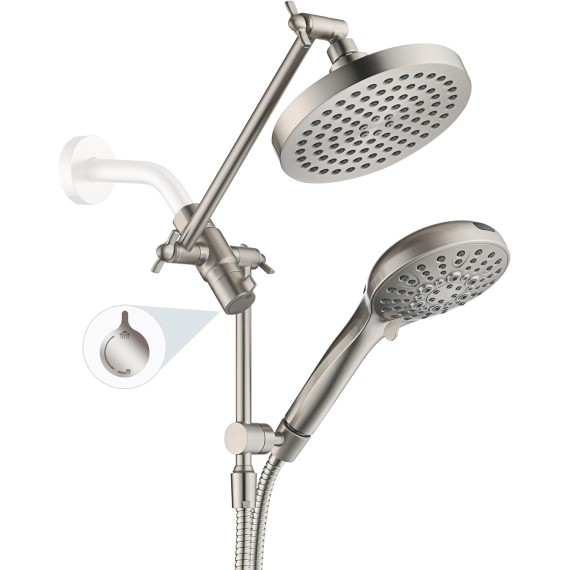 Rain Shower Head with Handheld Spray Built-in Power Wash, High Pressure Dual Shower Head with Adjustable Extension Arm, 3-Way Diverter, 9-Mode Handheld, 69” Long Hose, Brushed Nickel