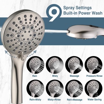 Rain Shower Head with Handheld Spray Built-in Power Wash, High Pressure Dual Shower Head with Adjustable Extension Arm, 3-Way Diverter, 9-Mode Handheld, 69” Long Hose, Brushed Nickel