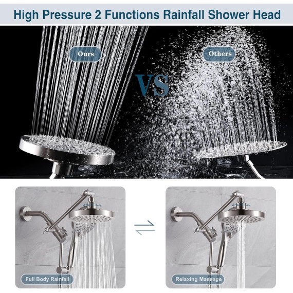 Rain Shower Head with Handheld Spray Built-in Power Wash, High Pressure Dual Shower Head with Adjustable Extension Arm, 3-Way Diverter, 9-Mode Handheld, 69” Long Hose, Brushed Nickel