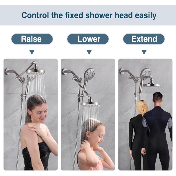 Rain Shower Head with Handheld Spray Built-in Power Wash, High Pressure Dual Shower Head with Adjustable Extension Arm, 3-Way Diverter, 9-Mode Handheld, 69” Long Hose, Brushed Nickel