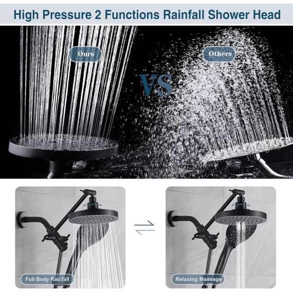 Rain Shower Head with Handheld Spray Built-in Power Wash, High Pressure Dual Shower Head with Height Adjustable Extension Arm, 3-Way Diverter, 9 Settings Handheld, 69” Long Hose, ORB