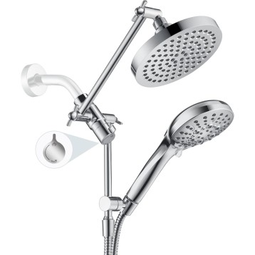 Rain Shower Head with Handheld Spray Built-in Power Wash, High Pressure Dual Shower Head with Height Adjustable Extension Arm, 3-Way Diverter, 9 Settings Handheld, 69” Long Hose, Chrome