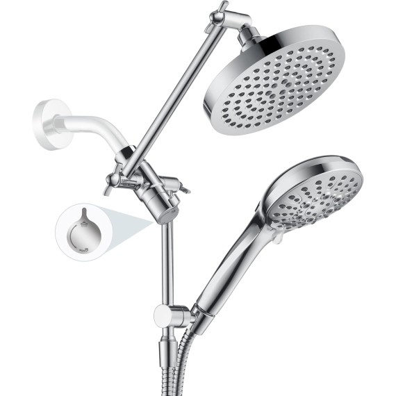 Rain Shower Head with Handheld Spray Built-in Power Wash, High Pressure Dual Shower Head with Height Adjustable Extension Arm, 3-Way Diverter, 9 Settings Handheld, 69” Long Hose, Chrome