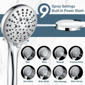 Rain Shower Head with Handheld Spray Built-in Power Wash, High Pressure Dual Shower Head with Height Adjustable Extension Arm, 3-Way Diverter, 9 Settings Handheld, 69” Long Hose, Chrome