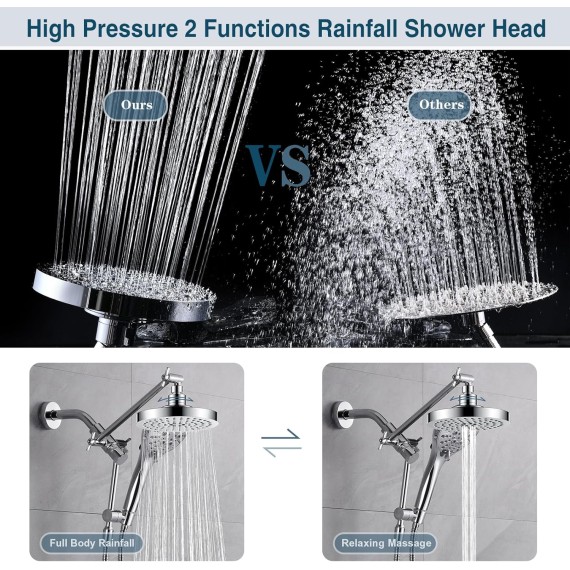 Rain Shower Head with Handheld Spray Built-in Power Wash, High Pressure Dual Shower Head with Height Adjustable Extension Arm, 3-Way Diverter, 9 Settings Handheld, 69” Long Hose, Chrome