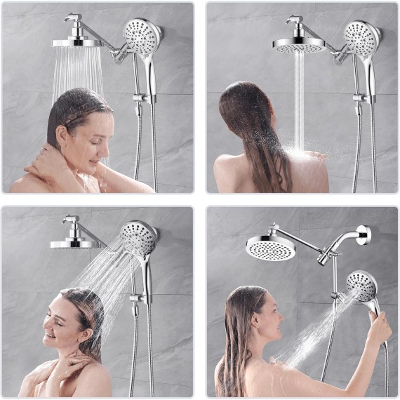 Rain Shower Head with Handheld Spray Built-in Power Wash, High Pressure Dual Shower Head with Height Adjustable Extension Arm, 3-Way Diverter, 9 Settings Handheld, 69” Long Hose, Chrome