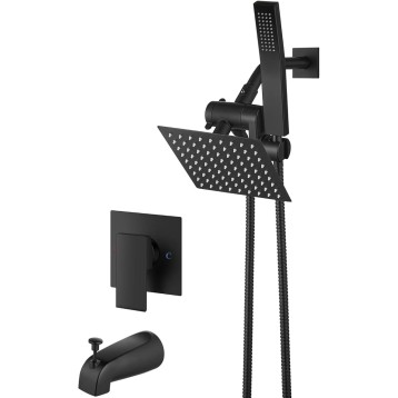 Shower Tub Faucet Set with Handheld Spray Shower System Single Shower Rainfall Head and Handle with Tub Spout Combo Rough-in Valve Included Shower Trim Kit 6 Inch Shower Head, Matte Black