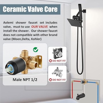 Shower Tub Faucet Set with Handheld Spray Shower System Single Shower Rainfall Head and Handle with Tub Spout Combo Rough-in Valve Included Shower Trim Kit 6 Inch Shower Head, Matte Black