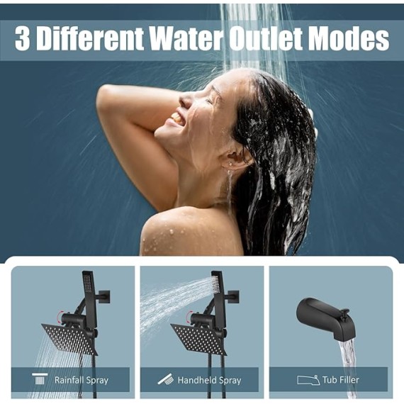 Shower Tub Faucet Set with Handheld Spray Shower System Single Shower Rainfall Head and Handle with Tub Spout Combo Rough-in Valve Included Shower Trim Kit 6 Inch Shower Head, Matte Black