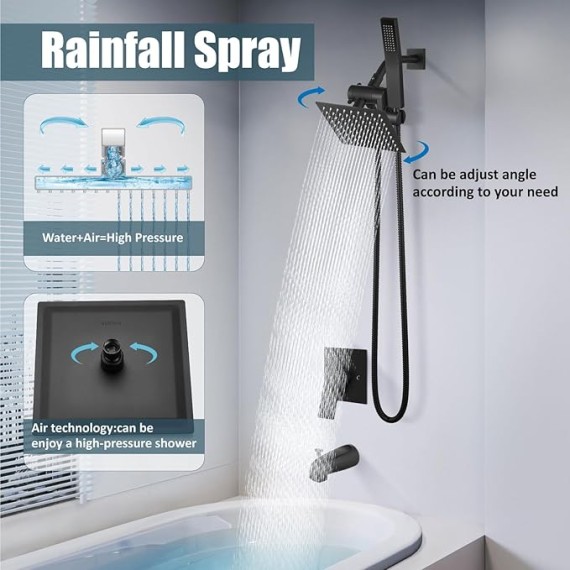Shower Tub Faucet Set with Handheld Spray Shower System Single Shower Rainfall Head and Handle with Tub Spout Combo Rough-in Valve Included Shower Trim Kit 6 Inch Shower Head, Matte Black