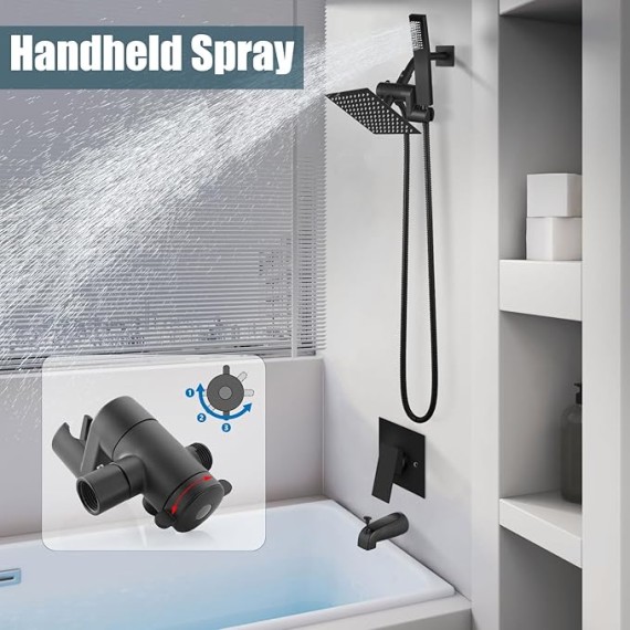 Shower Tub Faucet Set with Handheld Spray Shower System Single Shower Rainfall Head and Handle with Tub Spout Combo Rough-in Valve Included Shower Trim Kit 6 Inch Shower Head, Matte Black