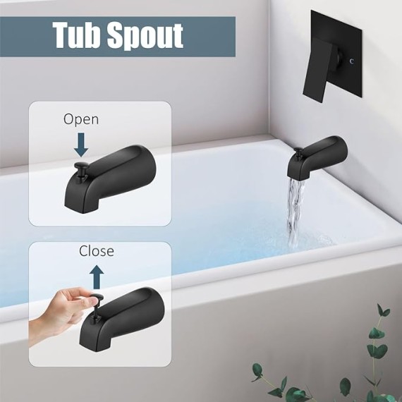 Shower Tub Faucet Set with Handheld Spray Shower System Single Shower Rainfall Head and Handle with Tub Spout Combo Rough-in Valve Included Shower Trim Kit 6 Inch Shower Head, Matte Black