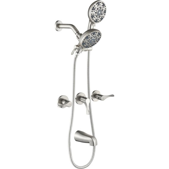 3 Handles Shower Faucet Set with Tub Spout Bathtub Shower Faucet Combo Set Shower System Complete Tub and Shower Trim Kit Brushed Nickel Wall Mounted Shower Fixtures