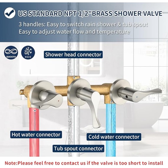 3 Handles Shower Faucet Set with Tub Spout Bathtub Shower Faucet Combo Set Shower System Complete Tub and Shower Trim Kit Brushed Nickel Wall Mounted Shower Fixtures