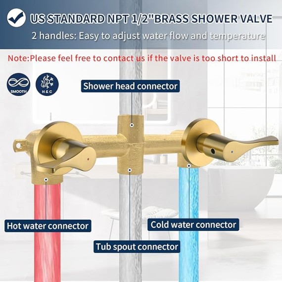 2 Handle Shower Faucet Set with Tub Spout Bathtub Shower Faucet Combo Set Shower System Complete Tub and Shower Trim Kit Brushed Gold Wall Mounted Shower Fixtures