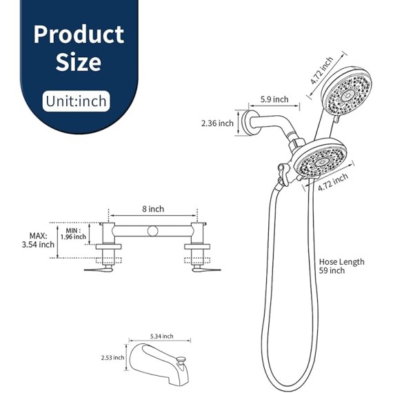 2 Handle Shower Faucet Set with Tub Spout Bathtub Shower Faucet Combo Set Shower System Complete Tub and Shower Trim Kit Brushed Gold Wall Mounted Shower Fixtures