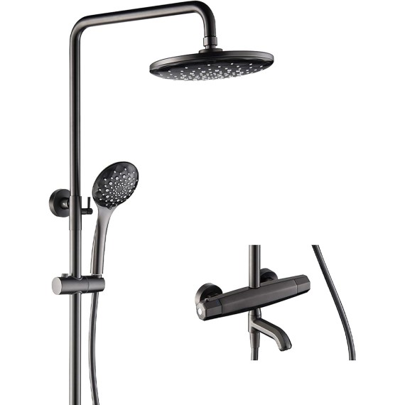 Thermostatic Shower Combo Set Wall Mounted Black Bathroom Shower Faucet Set with Rainfall Shower Head, Multifunction Handheld Shower, Bathtub Faucet