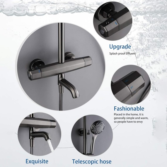 Thermostatic Shower Combo Set Wall Mounted Black Bathroom Shower Faucet Set with Rainfall Shower Head, Multifunction Handheld Shower, Bathtub Faucet