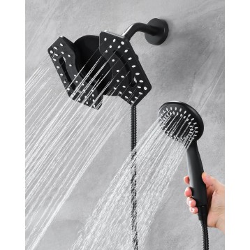Black Shower Head with Handheld High Pressure: 2-in-1 Shower Head with Rainfall Shower Head & Handheld Shower head Use Together or Separately, Detachable Shower Head with Hose, 2.5GPM