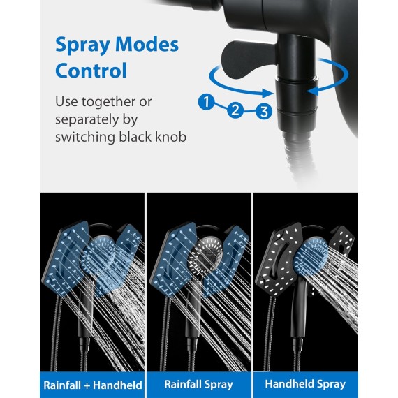 Black Shower Head with Handheld High Pressure: 2-in-1 Shower Head with Rainfall Shower Head & Handheld Shower head Use Together or Separately, Detachable Shower Head with Hose, 2.5GPM