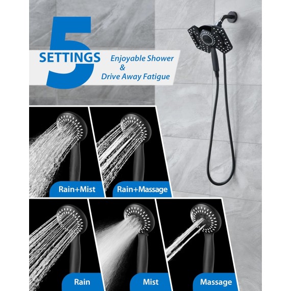 Black Shower Head with Handheld High Pressure: 2-in-1 Shower Head with Rainfall Shower Head & Handheld Shower head Use Together or Separately, Detachable Shower Head with Hose, 2.5GPM
