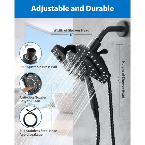 Black Shower Head with Handheld High Pressure: 2-in-1 Shower Head with Rainfall Shower Head & Handheld Shower head Use Together or Separately, Detachable Shower Head with Hose, 2.5GPM