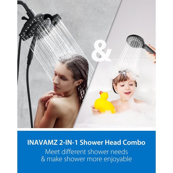 Black Shower Head with Handheld High Pressure: 2-in-1 Shower Head with Rainfall Shower Head & Handheld Shower head Use Together or Separately, Detachable Shower Head with Hose, 2.5GPM