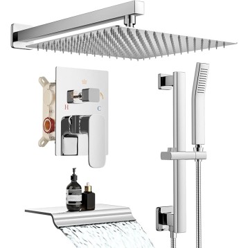 Shower System, 12 Inch Rain Shower Head Shower System with Tub Spout Adjustable Slide Bar Shower Faucets Sets, Handheld Shower Head Shower Faucet Trim valve, Wall Mounted Bathroom Shower Set Chrome