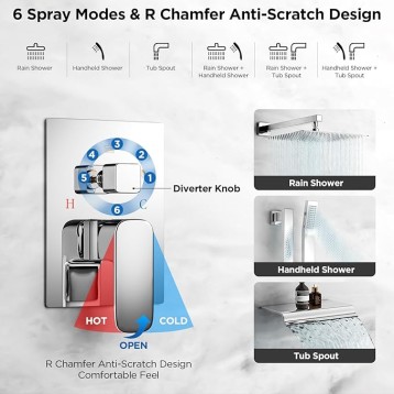 Shower System, 12 Inch Rain Shower Head Shower System with Tub Spout Adjustable Slide Bar Shower Faucets Sets, Handheld Shower Head Shower Faucet Trim valve, Wall Mounted Bathroom Shower Set Chrome