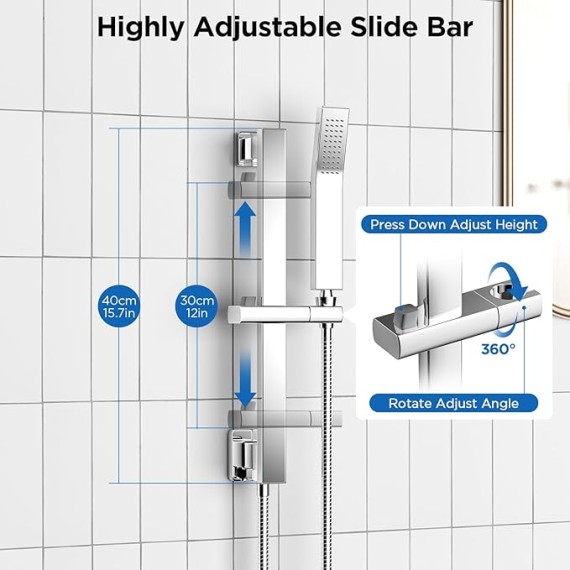 Shower System, 12 Inch Rain Shower Head Shower System with Tub Spout Adjustable Slide Bar Shower Faucets Sets, Handheld Shower Head Shower Faucet Trim valve, Wall Mounted Bathroom Shower Set Chrome