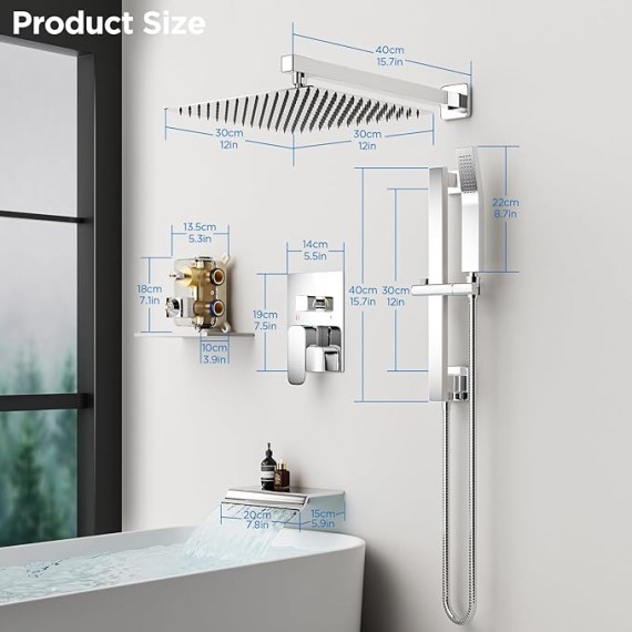Shower System, 12 Inch Rain Shower Head Shower System with Tub Spout Adjustable Slide Bar Shower Faucets Sets, Handheld Shower Head Shower Faucet Trim valve, Wall Mounted Bathroom Shower Set Chrome