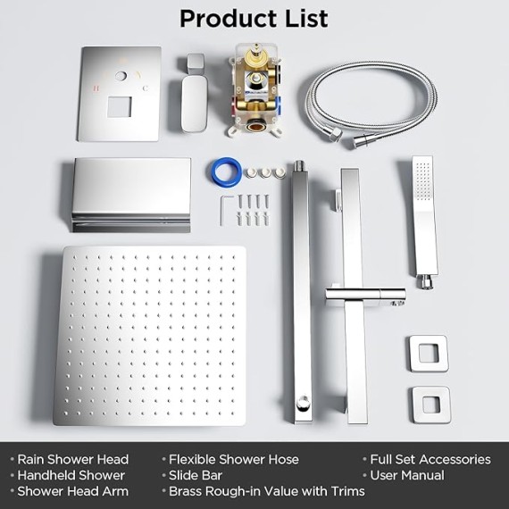 Shower System, 12 Inch Rain Shower Head Shower System with Tub Spout Adjustable Slide Bar Shower Faucets Sets, Handheld Shower Head Shower Faucet Trim valve, Wall Mounted Bathroom Shower Set Chrome