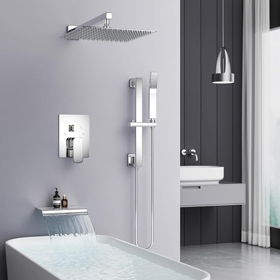 Shower System, 12 Inch Rain Shower Head Shower System with Tub Spout Adjustable Slide Bar Shower Faucets Sets, Handheld Shower Head Shower Faucet Trim valve, Wall Mounted Bathroom Shower Set Chrome
