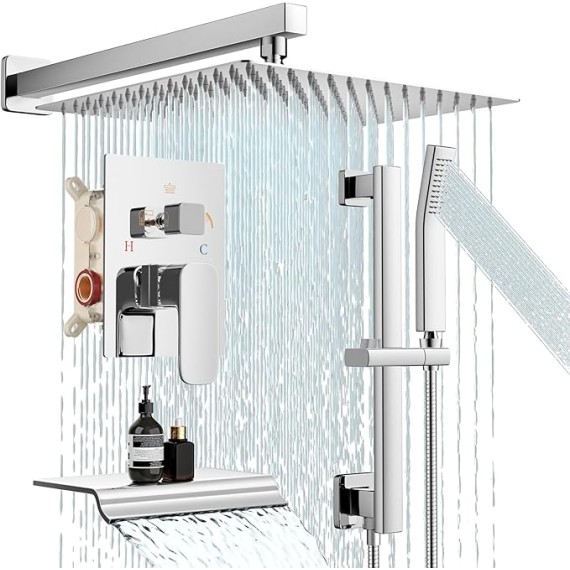 Shower System, 12 Inch Rain Shower Head Shower System with Tub Spout Adjustable Slide Bar Shower Faucets Sets, Handheld Shower Head Shower Faucet Trim valve, Wall Mounted Bathroom Shower Set Chrome