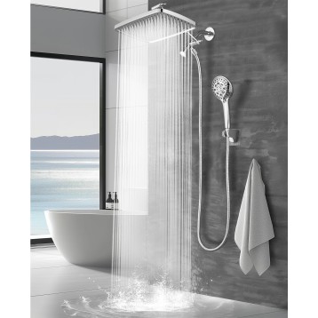 12 Inch Rain Shower Head - High Pressure Shower Head, Dual Shower Heads with 8 Modes Handheld Spray Combo - Upgrade Extension Arm Height Adjustable, Chrome