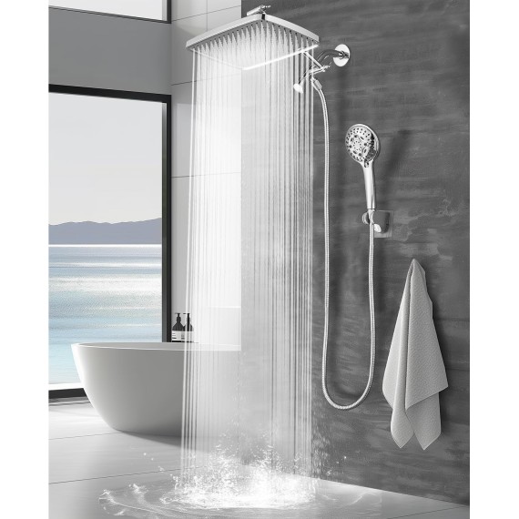 12 Inch Rain Shower Head - High Pressure Shower Head, Dual Shower Heads with 8 Modes Handheld Spray Combo - Upgrade Extension Arm Height Adjustable, Chrome