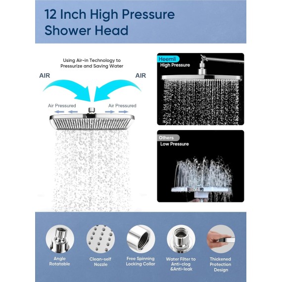 12 Inch Rain Shower Head - High Pressure Shower Head, Dual Shower Heads with 8 Modes Handheld Spray Combo - Upgrade Extension Arm Height Adjustable, Chrome
