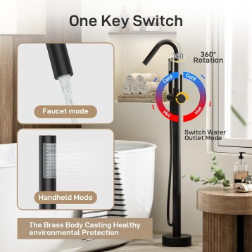 Freestanding Bathtub Faucet Tub Filler Matte Black Floor Mount Bathroom Faucets Brass Single Handle with Hand Shower,Standing Tub Faucet,cUPC Certified