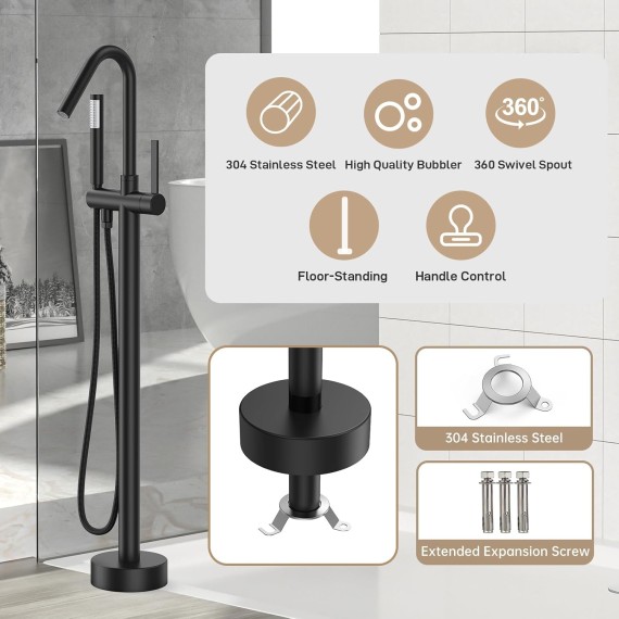 Freestanding Bathtub Faucet Tub Filler Matte Black Floor Mount Bathroom Faucets Brass Single Handle with Hand Shower,Standing Tub Faucet,cUPC Certified