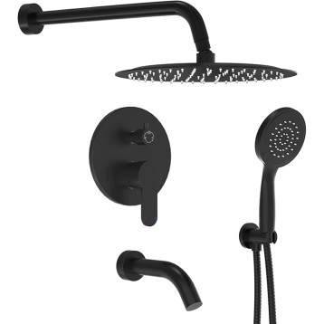 Shower System with Tub Spout, Wall Mounted Shower Faucet Set for Bathroom with 10 Inch Rain Shower Head and Handheld Shower Head Set, Matte Black